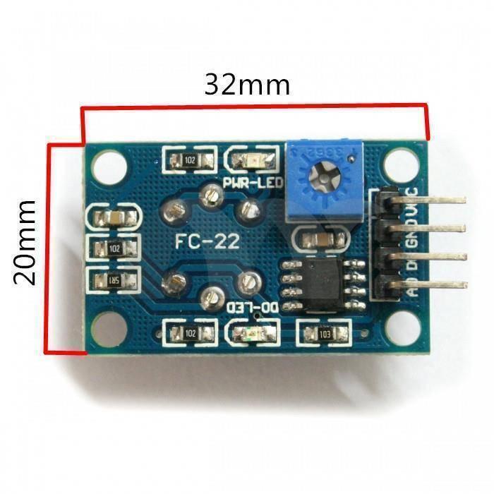 MQ135 Air Quality Detector Sensor Module - a blue rectangular circuit board with a blue potentiometer, four pins, and two LEDs, shown with dimension labels.