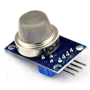 MQ2 Gas Sensor Detector Module - a silver mesh sensor on a blue circuit board with four pins and a blue potentiometer.