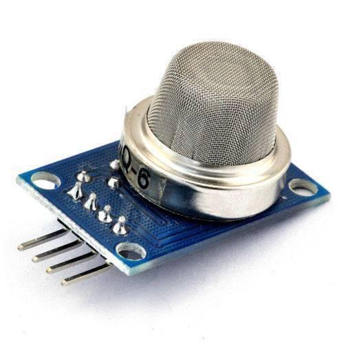 MQ6 Propane Gas Sensor Module - a blue circuit board with a silver mesh sensor housing and four metal connector pins extending from one side.