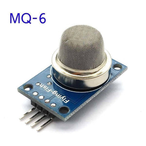 MQ6 Propane Gas Sensor Module - a blue circuit board with a metallic mesh sensor head and four connector pins at the bottom.