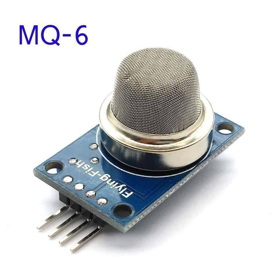 MQ6 Propane Gas Sensor Module - a blue circuit board with a metallic mesh sensor head and four connector pins at the bottom.