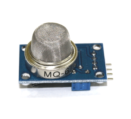 MQ6 Propane Gas Sensor Module - a metal sensing element on a blue circuit board with a four-pin connector and an adjustable potentiometer.