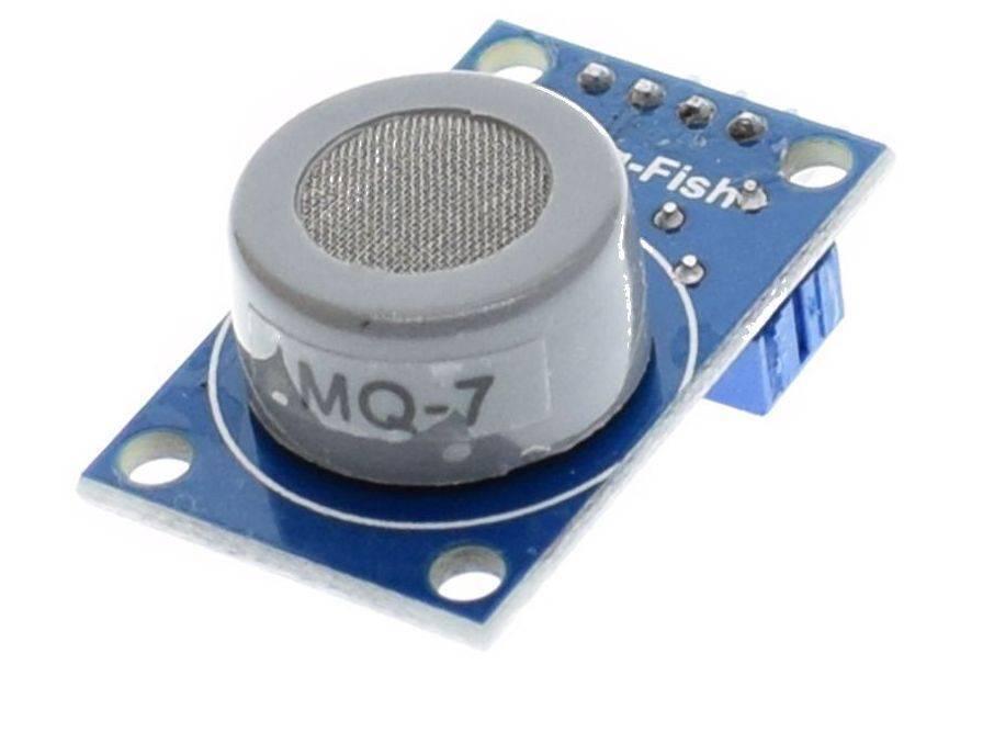 MQ7 Co Carbon Monoxide Coal Gas Sensor Module - a blue rectangular circuit board with a cylindrical grey sensor component and four metal pins at the top.