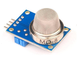 MQ8 Hydrogen Gas Sensor Module - a metallic sensor head on a blue circuit board with a blue potentiometer and four connection pins.