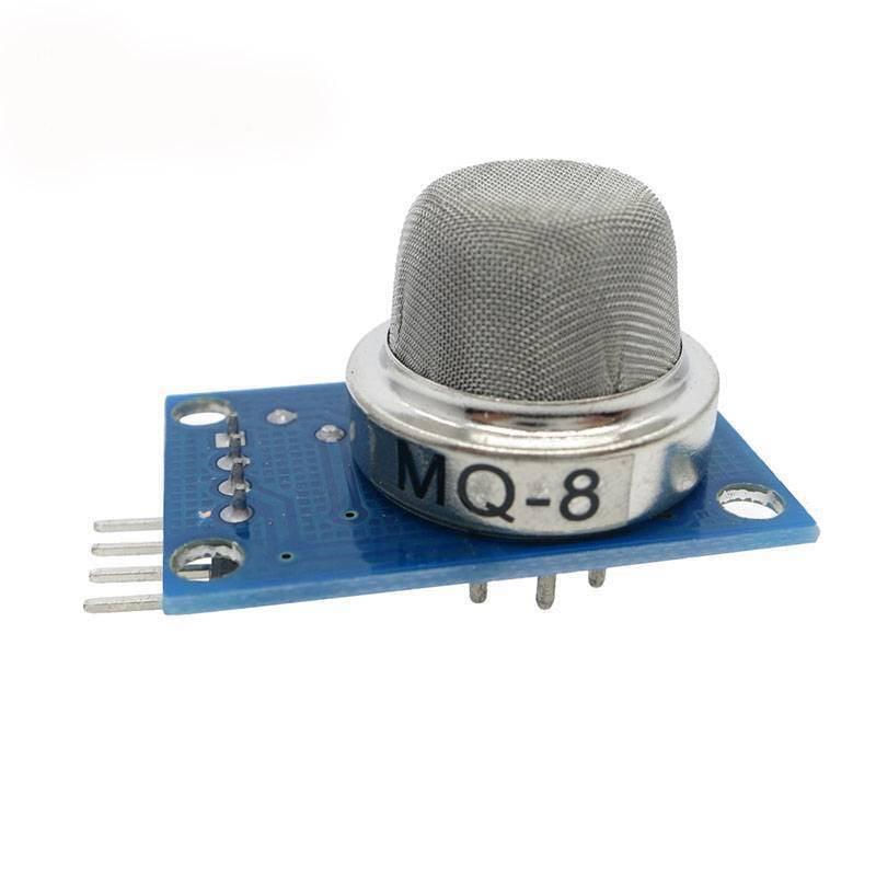 MQ8 Hydrogen Gas Sensor Module - a silver mesh sensor mounted on a blue rectangular circuit board with four metal pins extending from one side.