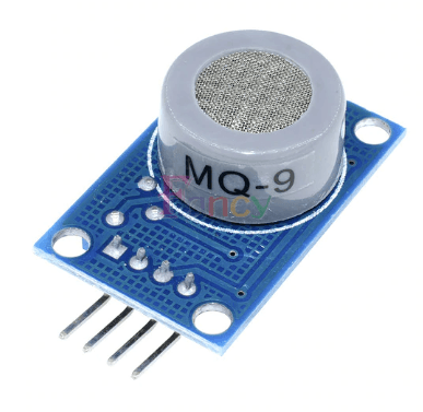 MQ9 Carbon Monoxide Methane And Lpg Gas Sensor Module - a grey cylindrical sensor head on a blue circuit board with four metal output pins.