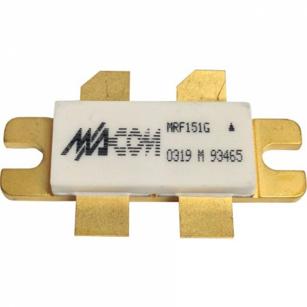 MRF151G MRF151G Mrf 151G N-channel Broadband RF Power MOSFET Used 300 w 50 v 175 MHz - a white rectangular electronic component with four gold-colored metal leads and two side mounting flanges.