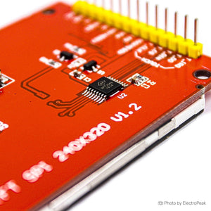 MSP2807 2.8 Inch 320*240 SPI Serial TFT LCD Module Display Screen With Touch Panel Driver IC ILI9341 For MCU - a close-up of the red circuit board showing the XPT2046 chip, surface-mount components, and a yellow header connector.