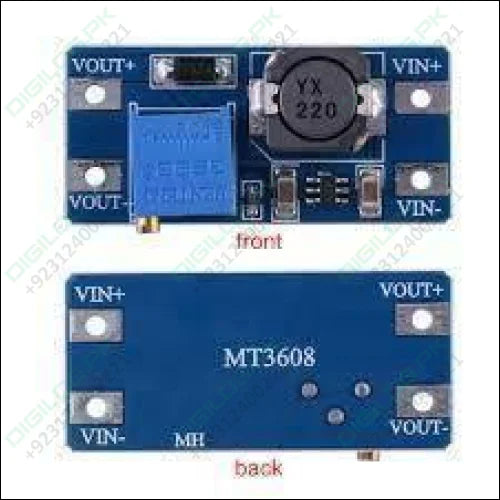 MT3608 Booster Converter Power Module DC-DC Step Up Module - both the front and back of the blue circuit board with input/output terminals and an adjustable potentiometer.