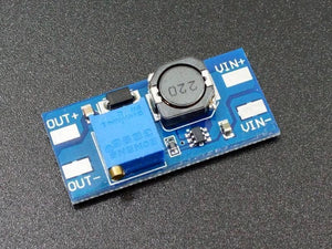 MT3608 Mini Adjustable DC-DC Boost Module - a blue rectangular circuit board with a black inductor, a blue potentiometer, and four solder pads.