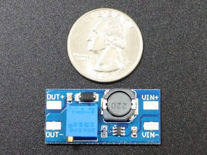 MT3608 Mini Adjustable DC-DC Boost Module - shown as a blue rectangular circuit board with a potentiometer and inductor, next to a US quarter coin.