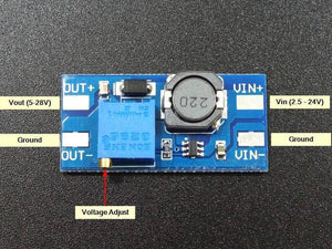 MT3608 Mini Adjustable DC-DC Boost Module - a blue circuit board with a voltage adjustment screw, an inductor, and labeled input and output ports.