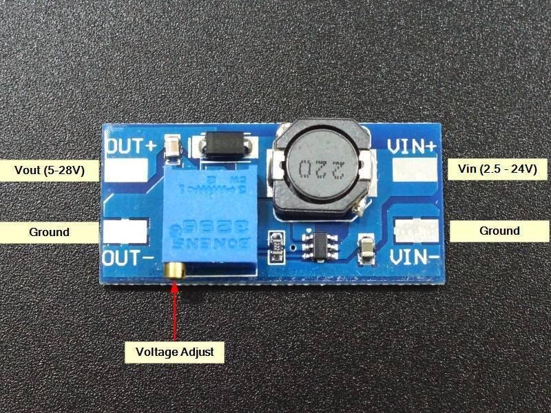 MT3608 Mini Adjustable DC-DC Boost Module - a blue circuit board with a voltage adjustment screw, an inductor, and labeled input and output ports.