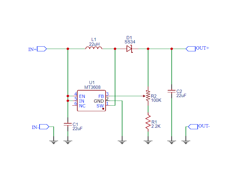 MT3608 Mini Adjustable DC-DC Boost Module - the U1 chip, inductor L1, diode D1, capacitors, and resistors.