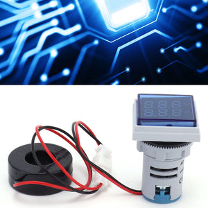 Multi colour square panel indicator voltage meter current meter with indicator signal lamp AD16-22FVA - black circular current transformer and a digital display showing 8.8.8.