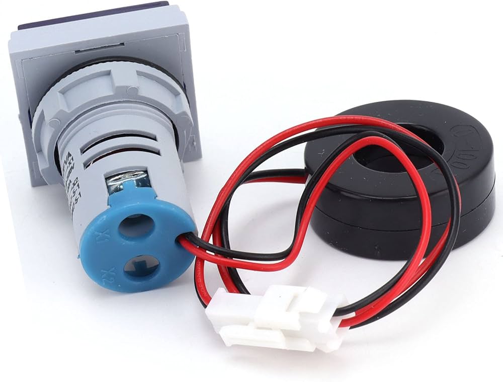 Multi colour square panel indicator voltage meter current meter with indicator signal lamp AD16-22FVA - grey cylindrical body, a blue base with two screw terminals, and a black current transformer.