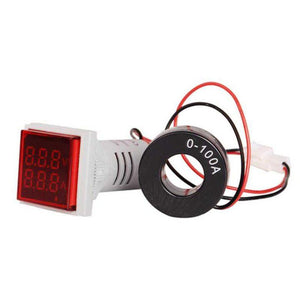 Multi colour square panel indicator voltage meter current meter with indicator signal lamp AD16-22FVA - a square red digital display panel connected to a black circular current transformer coil with wiring.