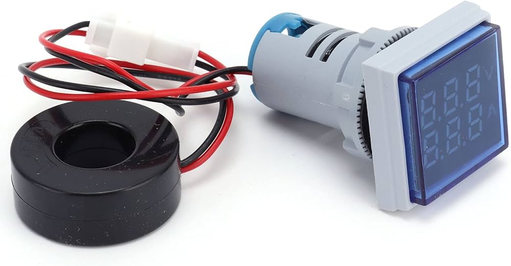Multi colour square panel indicator voltage meter current meter with indicator signal lamp AD16-22FVA - grey body, a blue display, and a black circular current transformer sensor.