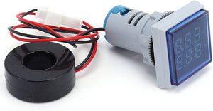 Multi colour square panel indicator voltage meter current meter with indicator signal lamp AD16-22FVA - grey body, a blue display, and a black circular current transformer sensor.