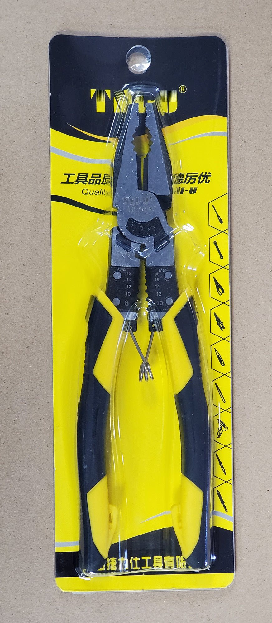 MULTI TU-108DY plier/plass by TNI u company - pliers by TNI-U in original yellow and black retail packaging, showing the tool's wire stripping and cutting features.