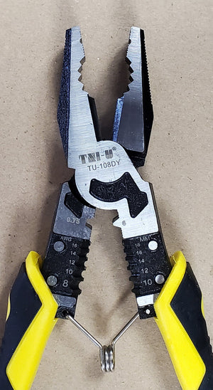 MULTI TU-108DY plier/plass by TNI u company - a black and yellow handle, metal jaws with wire stripping notches, and AWG/MM size labels printed on the tool.