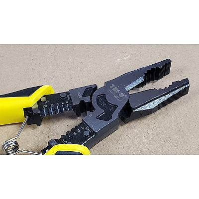 MULTI TU-108DY plier/plass by TNI u company - a close-up of the black metal head and yellow-handled grips of the wire-stripping tool with a tension spring.