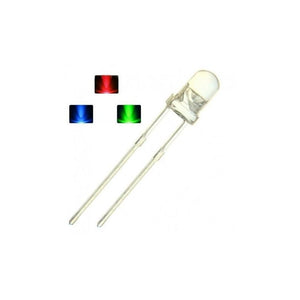 Multicolor LED 5mm 7 Colors Slow Blink - a clear, round-top LED with two metal pins, shown alongside three small icons displaying red, blue, and green light.