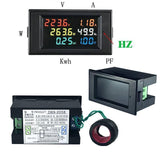 Multifunction Electric Energy Meter With LCD Display D69 2058 - a black digital display with readings, a rear terminal view, and a connected black current transformer ring.