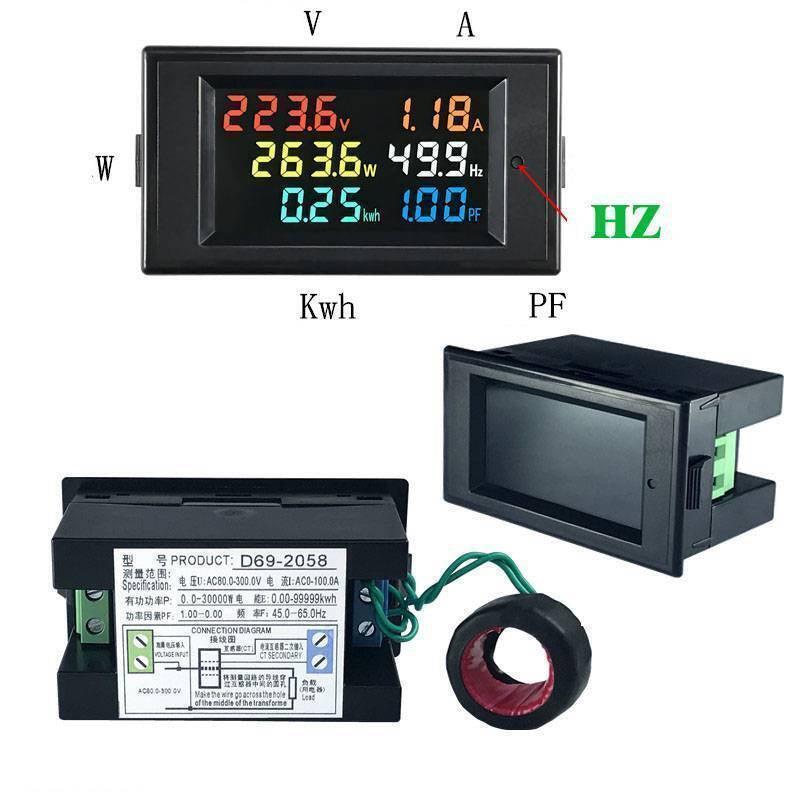 Multifunction Electric Energy Meter With LCD Display D69 2058 - a black digital display with readings, a rear terminal view, and a connected black current transformer ring.