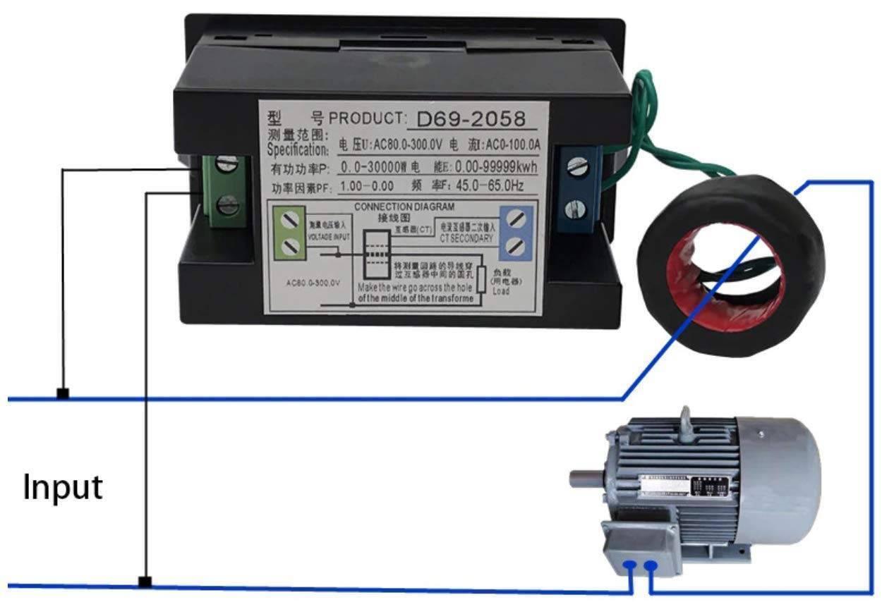 Multifunction Electric Energy Meter With LCD Display D69 2058 - a black rectangular device with a wiring diagram label, green screw terminals, and a current transformer.