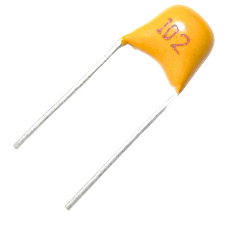 Multilayer Ceramic Capacitor 1000pF 50V 102 1nF - drop-shaped ceramic capacitor with two silver-colored metal leads and the number 102 printed on its body.