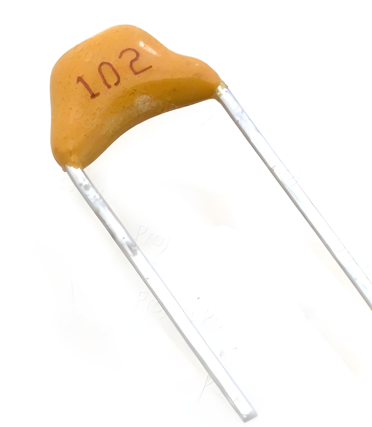 Multilayer Ceramic Capacitor 1000pF 50V 102 1nF - a close-up of a tan-colored, disc-shaped capacitor with two metal leads and the number 102 printed on it.