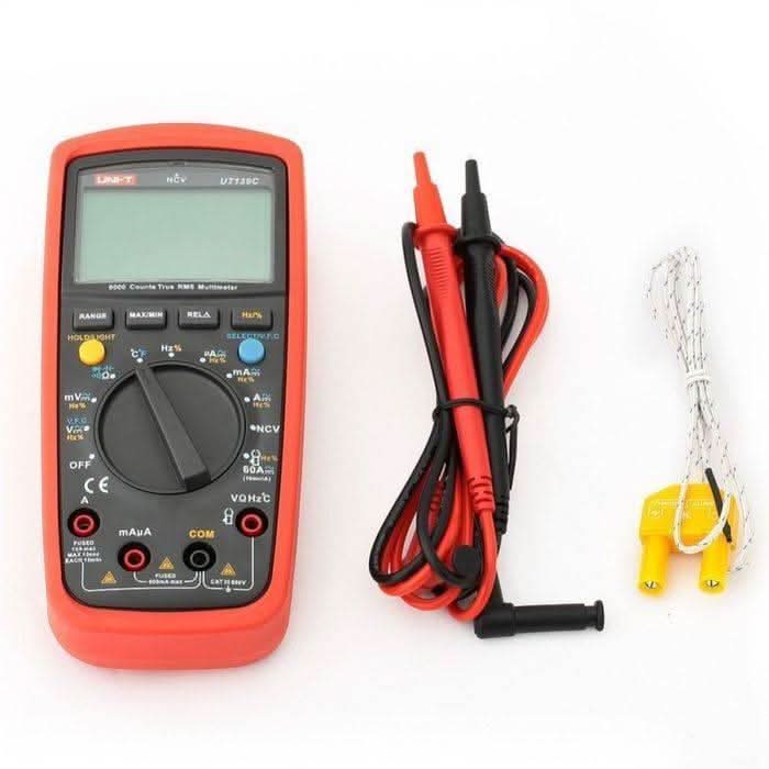 Multimeter digital UNI-T UT139C - shown with a red and black body, rotary dial, buttons, ports, a pair of test leads, and a temperature probe.