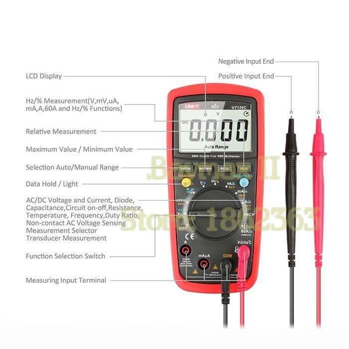 Multimeter digital UNI-T UT139C - shown with an LCD display reading 0.000, a central function selector knob, input terminals, and two test leads.