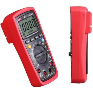 Multimeter digital UNI-T UT139C - shown in two views, featuring a red protective casing, a rotary dial, various buttons, input ports, and a digital display.