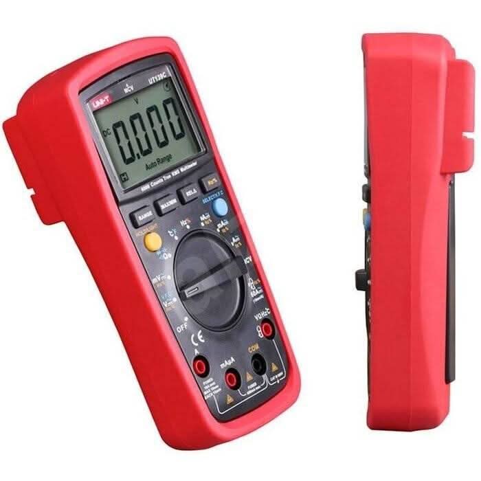 Multimeter digital UNI-T UT139C - shown in two views, featuring a red protective casing, a rotary dial, various buttons, input ports, and a digital display.