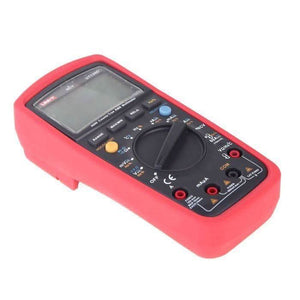 Multimeter digital UNI-T UT139C - in a red protective case, featuring a central rotary dial, various function buttons, a blank LCD screen, and input ports.