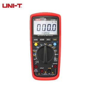 Multimeter digital UNI-T UT139C - in a red protective case, featuring a central rotary dial, various buttons, input ports, and a screen displaying 000.0.