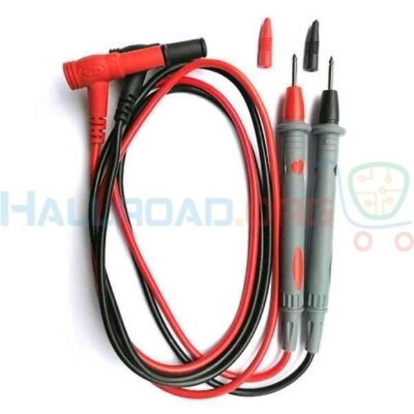 Multimeter Meter Probe Test Lead HC136 - a pair of red and black multimeter test leads with right-angle plugs and two protective tip covers.