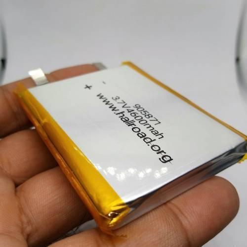 Multipurpose 4600mAh 3.7V Lithium Ion Battery Rechargeable Battery For IOT Robotics And Ev Electric Vehicle - a rectangular silver pouch cell with yellow tape edges, held in a hand with text printed on its surface.