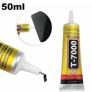Multipurpose Adhesive Glue 50ML T7000 - shown as a yellow and silver tube, with a close-up inset demonstrating the glue being applied to a phone screen.