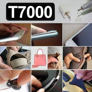 Multipurpose Adhesive Glue 50ML T7000 - shown in a collage of images demonstrating its application on mobile phones, shoes, handbags, and headphones.