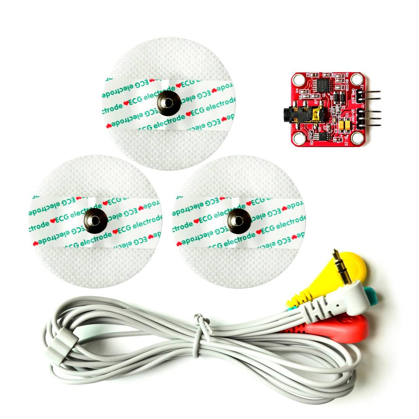 Muscle Sensor Module For Arduino - a red circuit board with a jack port, three white ECG electrode pads, and a cable with three coloured plugs.