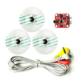 Muscle Sensor Module For Arduino - a red circuit board with a jack port, three white ECG electrode pads, and a cable with three coloured plugs.