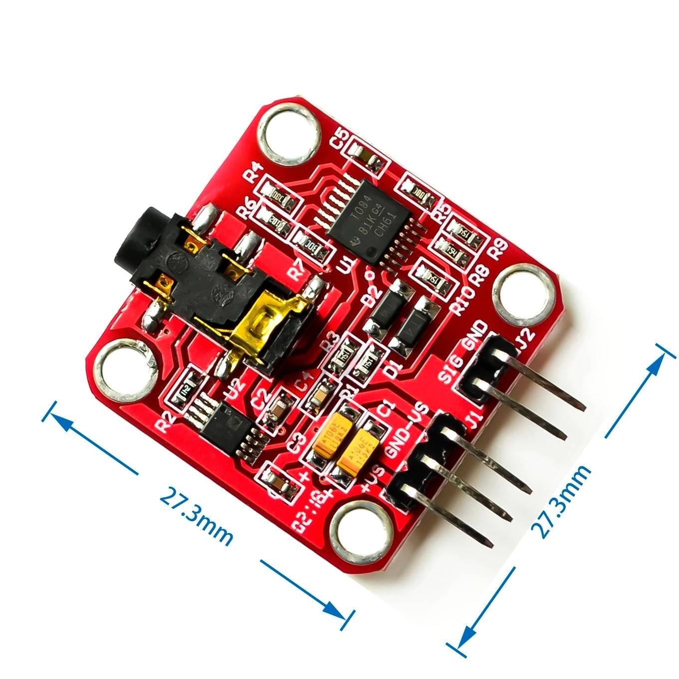 Muscle Sensor Module For Arduino - a red square circuit board with a 3.5mm audio jack, two header pin connectors, and dimension labels in millimeters.