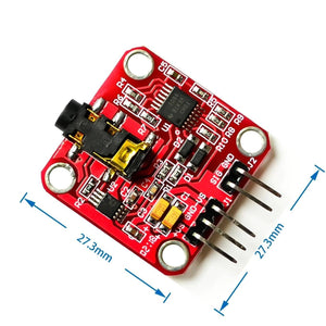 Muscle Sensor Module For Arduino - a red square circuit board with a 3.5mm audio jack, two header pin connectors, and dimension labels in millimeters.