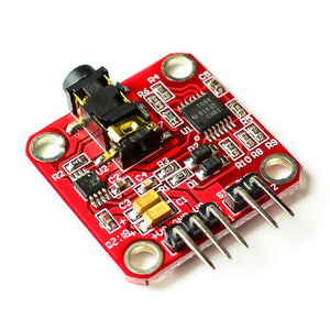 Muscle Sensor Module For Arduino - a red circuit board featuring a black 3.5mm audio jack, an integrated chip, and a four-pin header connector.