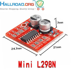 MX1508 Mini Dual Channel 1.5A DC Motor Driver Module Mini L298N Replacement - a red rectangular circuit board with two capacitors, an integrated circuit, and labeled input pins.