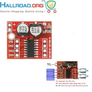 MX1508 Mini Dual Channel 1.5A DC Motor Driver Module Mini L298N Replacement - shown as a red circuit board with two capacitors, an IC, and input/output pin headers.