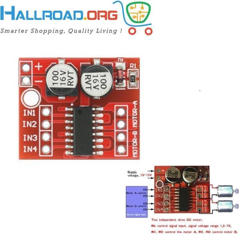 MX1508 Mini Dual Channel 1.5A DC Motor Driver Module Mini L298N Replacement - shown as a red circuit board with two capacitors, an IC, and input/output pin headers.